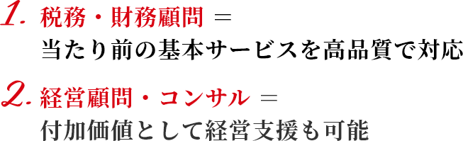 1.税務・財務顧問＝当たり前の基本サービスを高品質で対応／2.経営顧問・コンサル＝付加価値として経営支援も可能